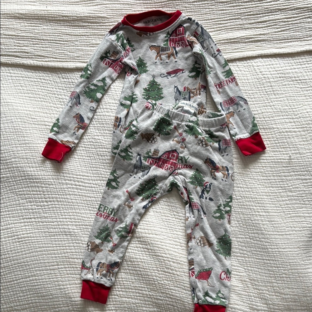 Little Blue House Gray Pajama Set with Red Trim